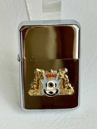 Vintage Lighter Royal Navy Divers Military MOD Enameled Insignia Polished Chrome