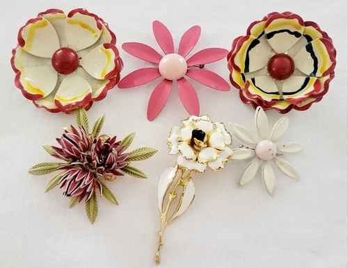 Lot of 6 Vintage Flower Enamel Brooches Pink White Red Stripe Costume Jewelry