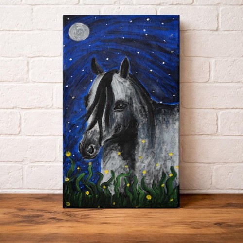 Original Acrylic Painting Moonlit Horse Fireflies Signed Sidnee 10x20 Canvas