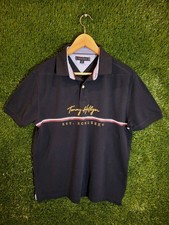 Tommy Hilfiger Men's Polo Shirt Navy Blue Script Logo EST. 1985 Size Medium M