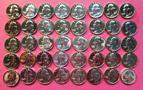 MIXED ROLL OF 40 SILVER PROOF WASHINGTON QUARTERS. 1961-1964-1997. STUNNING
