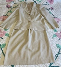 Beige and White Striped Suit Jacket and A-Line Skirt Set Size 20