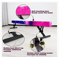 Adjustable Faux Suede Gymnastics High Beam, 8ft, Pink/Purple/Blue, Steel Legs