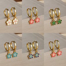 Stainless Steel Enamel Flower Hoop Earrings Women Colorful Huggie Small Jewelry