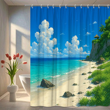 Beach Themed Shower Curtain - Tropical Ocean Design, Waterproof Fabric