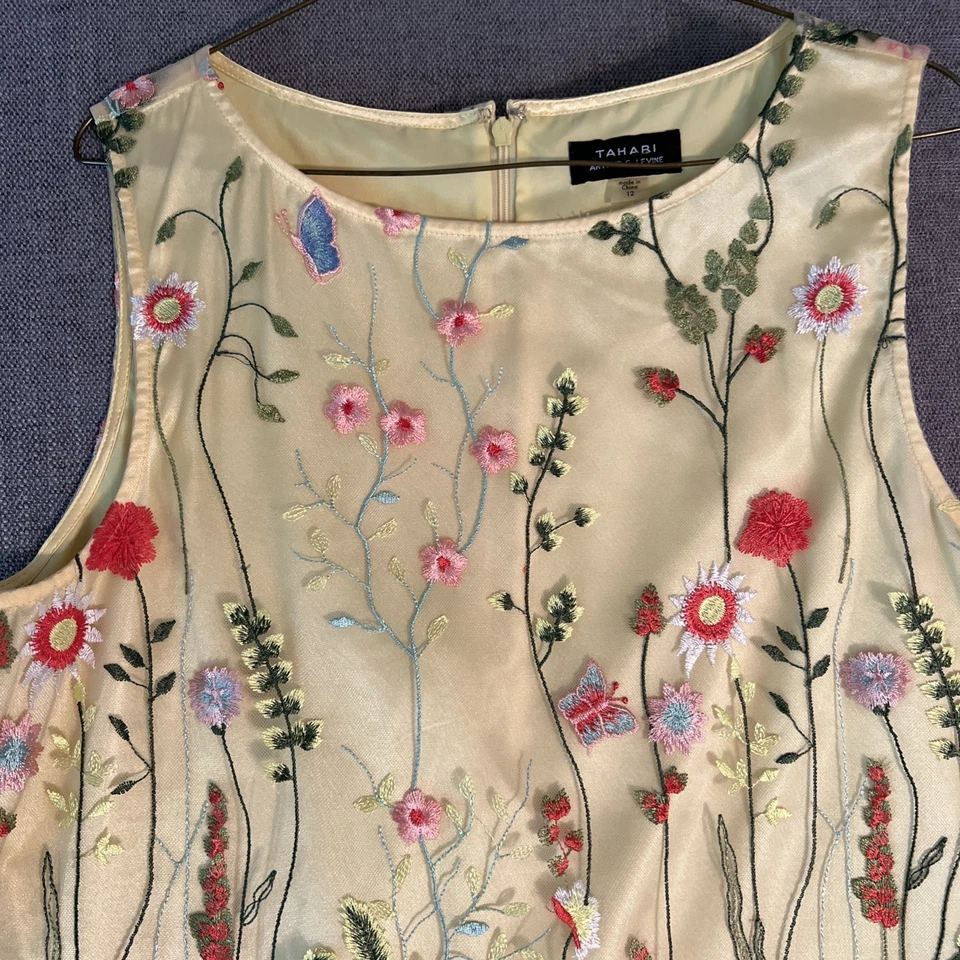 Tahari Arthur Levine Embroidered Floral Overlay Yellow Dress Women’s SZ 12 - Image 2 of 4