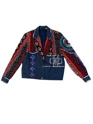 VTG Modi Denim Blazer Jacket Womens Small Multicolor Sequin Design Southwestern