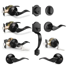 Probrico Matte Black Front Door Handle Entry Lock Set Door Levers Deadbolt Locks