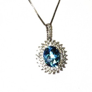 New 925 sterling silver created Blue & White topaz oval pendant necklace 3.6g 