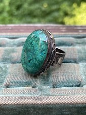 Artisan Early Vintage Sterling Silver Ring w/ Large Green Jade Turquoise Stone
