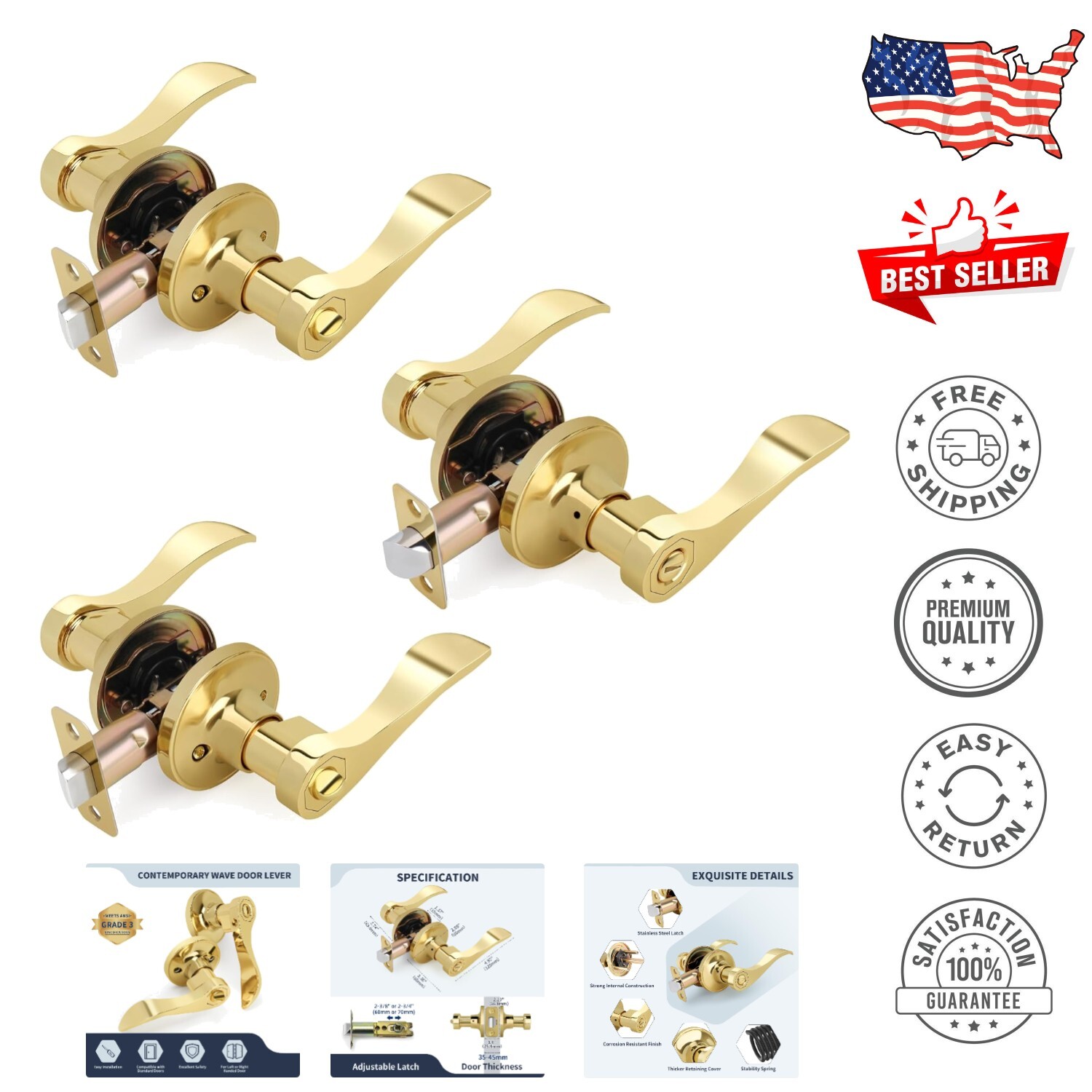 High-Quality Wave Design Privacy Door Handle 3-Pack for Modern Interiors-image