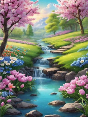 5D Diamond Art Painting Small Stream through Scenic Pink Trees 30cmx40cm