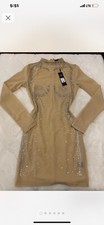 Fashion Nova Tan and cream bodycon dress with crystal embellishments Size S 