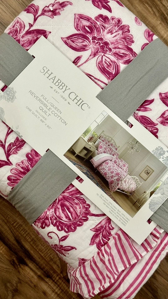 Потертый шик Rachel Ashwell королева лоскутное одеяло | хлопок | фермерский дом цветочная полоса | розовый - Изображение 2 из 4