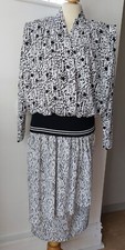 Vintage 1980s B.G.B. LTD dress Ribbed Waist Black White Print Midi US 8 UK 12