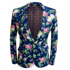 Men Flower Print Stage Jacket Suit Blazer Dinner Dress Single Breasted Coat