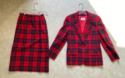 Vintage 50s Pendleton Wool Skirt Suit Red Leslie Tartan Plaid Women Size  Lined