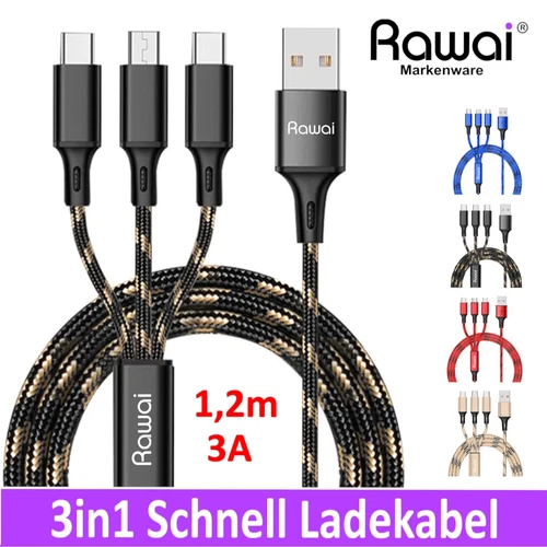 3A Ladekabel 3in1 Multi Schnell USB Typ-C Micro Handy für Samsung Huawei Xiaomi
