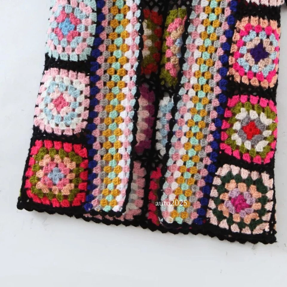 Womens Crochet Granny Square Handmade Cardigan Knit Long Rainbow Hooded Cardigan - Image 3 of 4