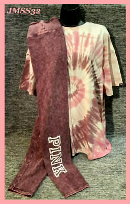 Victoria's Secret Pink Tie Dye Tee Shirt + Leggings Set Pink Dahlia Plum OS M L