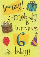 Hooray Gift Cake Hat and Balloon Designer Greetings Age 6 / 6th Birthday Card