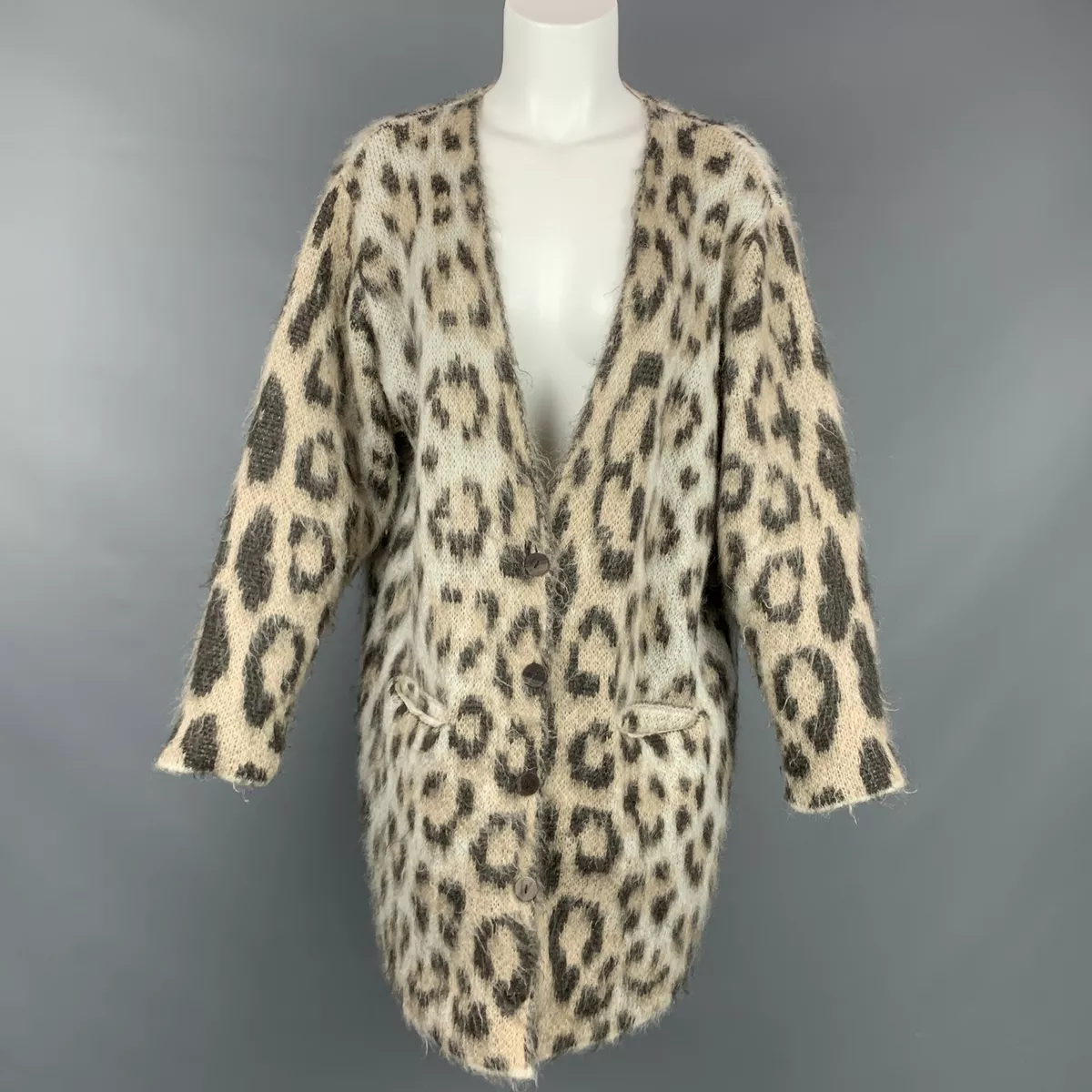 LOEWE Size XS Taupe Mohair Blend Leopard Print Long Cardigan