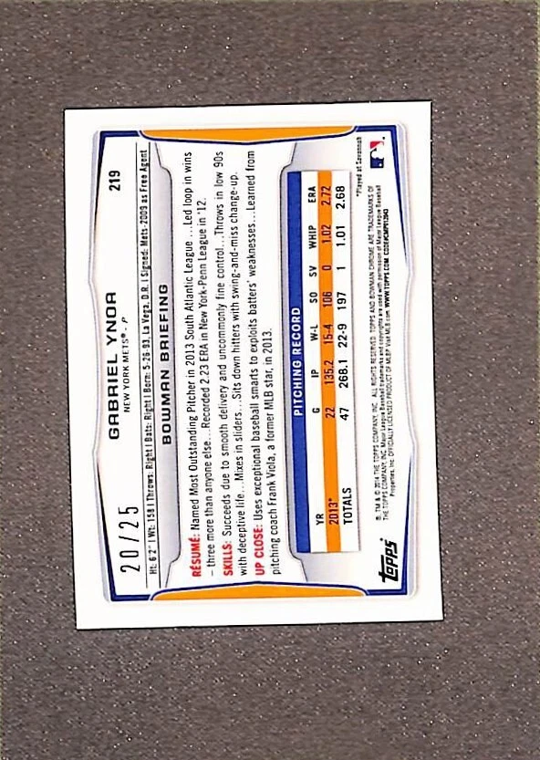 2014 Bowman Chrome #219 Gabriel Ynoa Yellow /25 - Image 2 of 3