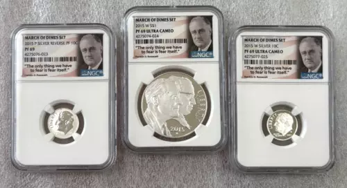 2015-W March of Dimes (3) Coin Set NGC Certified PF69 - Rosevelt Label