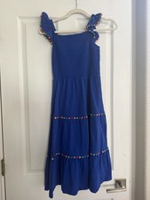 Mini Boden Girls Blue Smocked Pom Pom Midi Dress 12-13Y