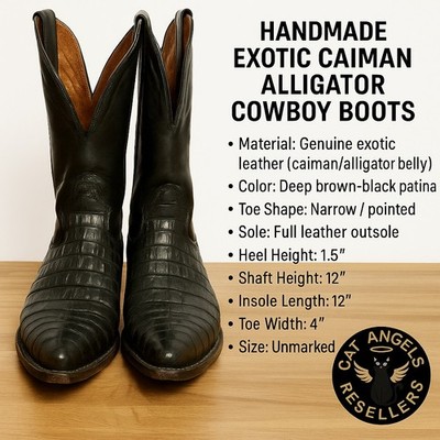 Handmade Exotic Caiman Alligator Cowboy Boots Men s   12  Shaft, Leather Sole