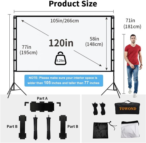 Beamer Leinwand mit Stativ, 120 Zoll Tragbare Indoor Outdoor 16:9 HD Faltbare Pr - Bild 2 von 5
