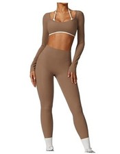 Workout Sets for Women 2 Piece Outfits Seamless High Waist Leggings Large Brown