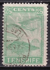 1937 CANARIAS  TENERIFE. SELLO RECARGO CORREO AÉREO 25 cts. USADO. RARO.
