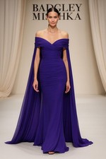 Badgley Mischka sz 0 Purple Off Shoulder Cape Gown Runway Ruched Bustier Pageant