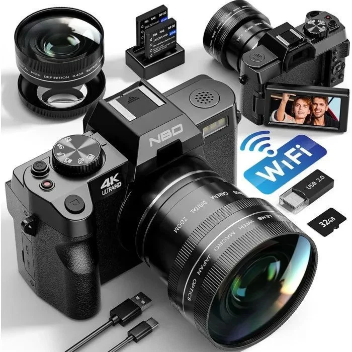 4K Videocamera Camcorder UHD 48MP WiFi IR Nachtzicht 3.0 IPS Touchscreen 16X Digitale Zoom Recorder Vlog Camera voor YouTube met Microfoon, Handheld Stabilizer,Zonnekap,Afstandsbediening,2 Batterijen