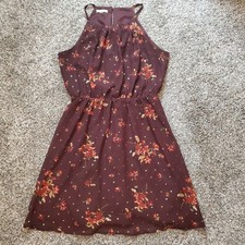 Maurices Dress Women Medium Burgundy Red Flowers Gold Sleeveless Stretch Waist