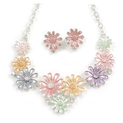 Set aus Halskette und Ohrstecker aus bunten Emaille Gänseblümchen Blumen silberfarben