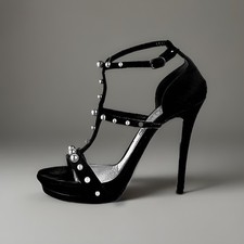 Alexander McQueen Pearls On Black Satin Strappy High Heels Dressy Sandals 38.5