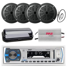 Pyle PLMRB29W Marine FM/AM AUX/USB Receiver w/ Cover, Amp, 4x Speakers, Antenna
