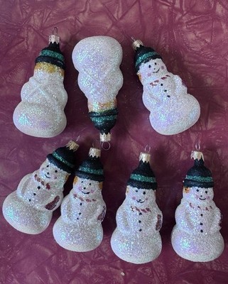 Vintage Christmas Glass Snowman Glittery Ornament Columbia Set of 7
