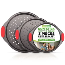 NutriChef 3 Pcs Pizza Tray Set w/ Silicone Handle- Non-stick Pan (Gray Coating)