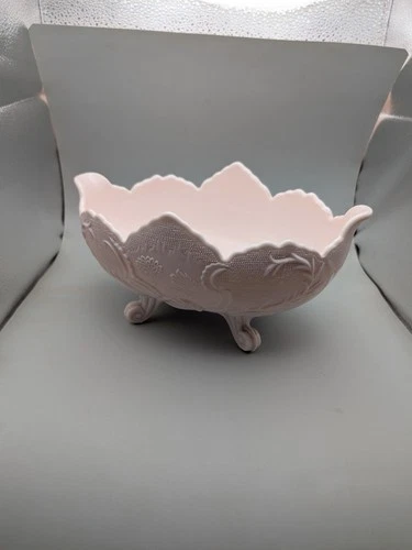 Vintage Jeannette Blush Shell Pink Lombardi Pattern Milk Glass Oval Footed Bowl