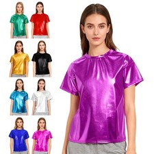 Women Tops Round Neck T-shirt Hip Hop Tee Metallic Shiny Activewear Performance