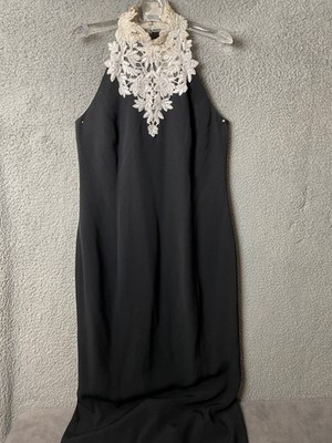 Vintage Cache Ferreira Black Evening Gown Size 10 Beaded Lace Collar Maxi VTG