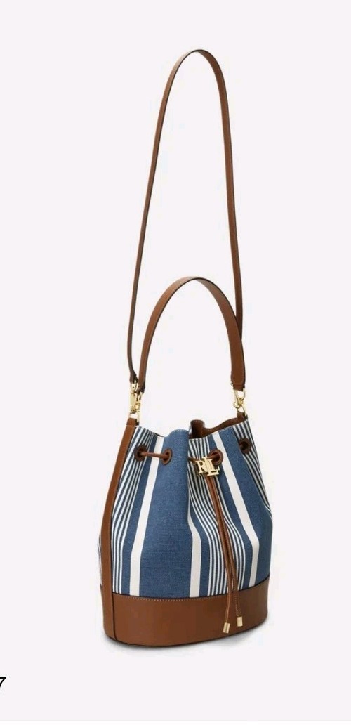Ralph Lauren Andie Blue & Cream Striped Xbody Canvas Leather Bucket Bag RRP£369 image 5