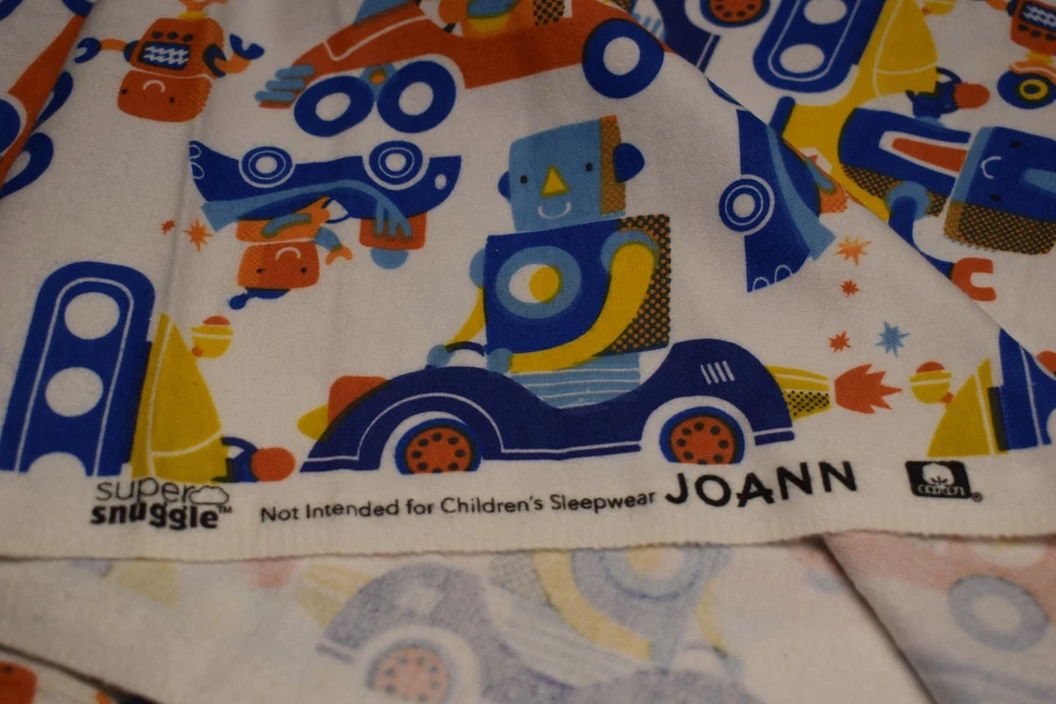 3 yards 100% COTTON SUPER SNUGGLE FLANNEL FABRIC robot car juvenile BLUE ORANGE - Image 2 of 4