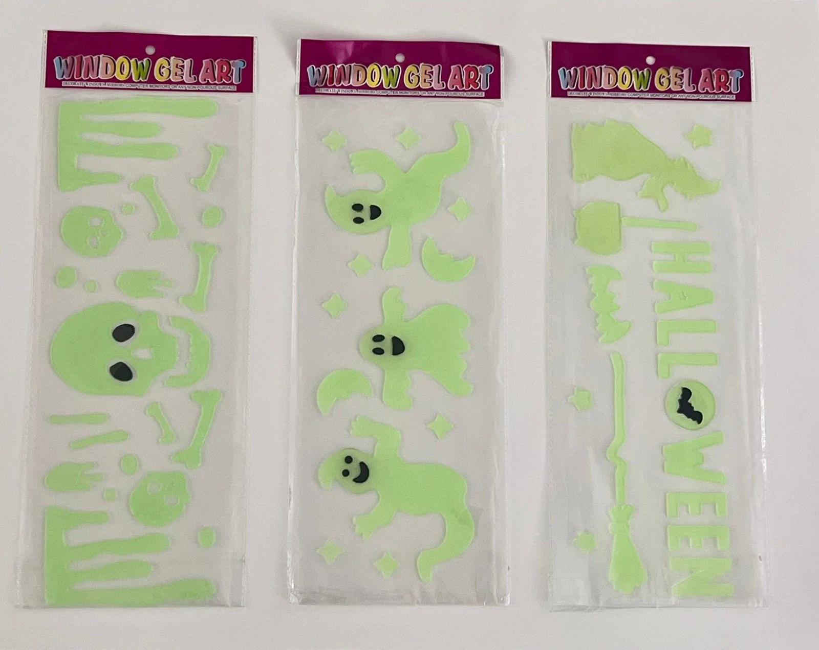 3-Pack Halloween deco sticker Glow-in-the-Dark Gel Window Clings – Ghosts, Bats