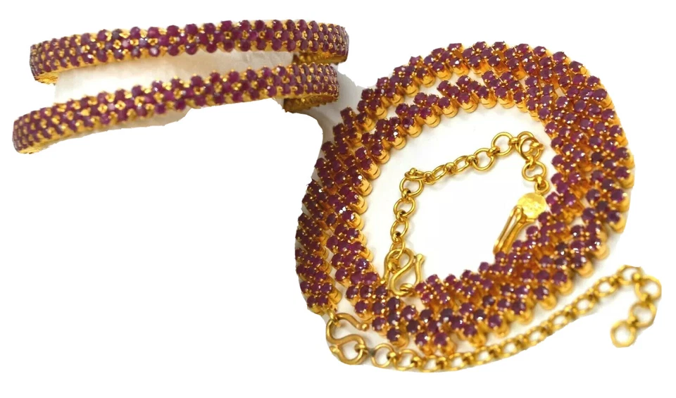 22K 916 GOLD RUBY Necklace 2 Bracelets Bangles Adjustable Choker Pair Red Pink - Image 2 of 4