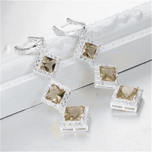 Women Silver Color Light yellow Crystal Square shape Dangle Earring Jewelry - Picture 1 of 3
