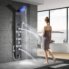 ELLO&ALLO Black LED Shower Panel Tower Rain&Waterfall Shower Head Massage System